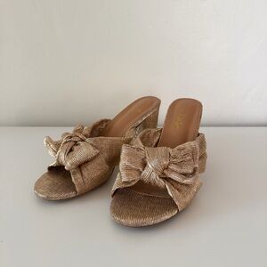 Lulu's Gold Metallic Bow Block Heel Mules